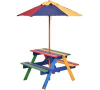 Costway Garden Children Picnic Table Bench w/ Umbrella Outdoor Kids Wooden Rainbow Parasol Set in Blue COSTWAY Blue