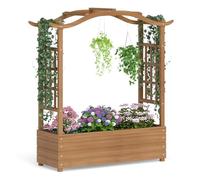 COSTWAY Garden Planter with Arch Trellis, Liner and Drainage Holes, Wooden Raised Bed for Climbing Plants Vine Vegetables, Outdoor Trough Container Grow Box (with Curved Roof, 110 x 40 x 124cm)