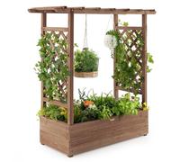 COSTWAY Garden Planter with Trellis, Hanging Roof and Drainage Holes, Weather-Resistant Wooden Raised Bed for Vine Climbing Plants, Outdoor Trough Container Grow Box Flower Pot (Brown, 110x44x113cm)
