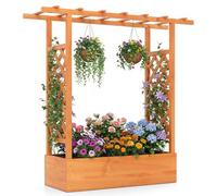 COSTWAY Garden Planter with Trellis, Hanging Roof and Drainage Holes, Weather-Resistant Wooden Raised Bed for Vine Climbing Plants, Outdoor Trough Container Grow Box Flower Pot (Orange, 110x35x114cm)