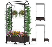 COSTWAY Garden Planter with Trellis & Roof, Self-Watering Raised Garden bed on Lockable Wheels, Weatherproof Rattan Outdoor Grow Box Flower Pot for Climbing Plants Herb (Triangular Roof, 162cm Height)