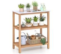 COSTWAY Garden Potting Bench Table, 3 Tier Acacia Wooden Planting Workstation with Marble-Like Countertop & 2 Slatted Shelves, Gardening Work Table for Outdoor Patio Courtyard Lawn