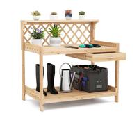 COSTWAY Garden Potting Table, Wooden Planting Bench Table with Lattice Trellis, Removable Drawer, Top & Lower Shelf, Gardening Workbench Station for Outdoor Patio Courtyard