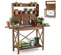 COSTWAY Garden Potting Table, Wooden Potting Bench with Sliding Tabletop, 2 Removable Sink Basins & Hanging Hooks, Outdoor Planting Germination Workstation for Patio Yard Balcony, 100-155 x 44 x 160cm