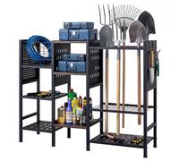 COSTWAY Garden Tool Storage Rack, 3 Tier Metal Yard Tool Organizer with Wooden Shelves, 2 Side Pegboards, 2 Hooks, Tool Storage Holds up to 66 Long Handled Shovels, Rakes & Brooms for Garage, Shed
