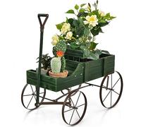 COSTWAY Garden Wagon Planter, Decorative Flower Pot Stand with Handle and Wheels, Wood Plants Holder Yard Tool Cart for Outdoor Indoor (Green)