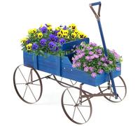 COSTWAY Garden Wagon Planter, Decorative Flower Pot Stand with Handle and Wheels, Wood Plants Holder Yard Tool Cart for Outdoor Indoor (Blue)