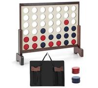 COSTWAY Giant Age 3+ 4-in-a-row Game Set, Wooden Jumbo 4 to Score with 42Pcs Chips, Fabric Carrying Bag, Indoor Outdoor Connect 4 for Kids Adults (Brown)
