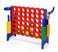 COSTWAY Giant Connect Age 3+ 4, 3-in-1 Indoor Outdoor Family Game with Basketball Hoop, Ring Toss, 42 Jumbo Rings, Quick-Release Slider, Four in A Row Game Set for Kids Adult (Blue)
