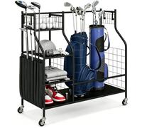 COSTWAY Golf Storage Rack, Extra Large Golf Clubs Bag Stand with Lockable Universal Wheels and Other Golfing Equipment Rack, Golf Garage Organizer