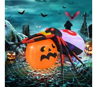 COSTWAY Halloween Spider Decoration, Waterproof Holiday Yard Decor with LED Lights, Halloween Creepy Spiders for Home, Garden, Lawn (Black + Orange Pumpkin, Without Cobweb)
