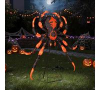 COSTWAY Halloween Spider Decoration, Waterproof Holiday Yard Decor with LED Lights, Halloween Creepy Spiders for Home, Garden, Lawn (Black + Orange, with Stand)