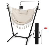 COSTWAY Hammock Chair with Stand, 6-Level Height Adjustable Patio Swing Hammock with Side Pocket, Outdoor Indoor Cotton Tassels Macrame Hanging Chair Seat (Beige, with Phone Holder & Carry Bag)