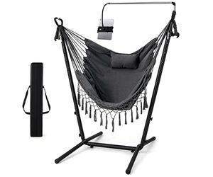 COSTWAY Hammock Chair with Stand, 6-Level Height Adjustable Patio Swing Hammock with Side Pocket, Outdoor Indoor Cotton Tassels Macrame Hanging Chair Seat (Grey, with Phone Holder & Carry Bag)