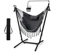 COSTWAY Hammock Chair with Stand and Phone Holder, 6-Level Height Adjustable Patio Swing Hammock with Pillow & Side Pocket, Outdoor Indoor Cotton Tassels Macrame Hanging Chair Seat for Garden Yard