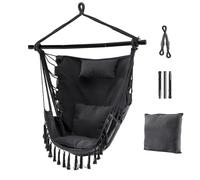 COSTWAY Hammock Swing Chair with Stand and Cushion, Boho Tassel Cotton Macrame Hanging Chair with Pillow, Outdoor Indoor Swing Seat for Garden Patio Yard Living Room (Only Chair)