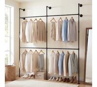 COSTWAY Heavy Duty Clothes Rail, Wall-Mounted Clothes Rack Open Wardrobe Organiser with Hanging Rails, Industrial Metal Garment Coat Hanger Walk-in Closet System for Bedroom (Black, 3 Poles 4 Bars)