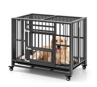 COSTWAY Heavy Duty Dog Crate, 38 inch Folding Pet Cage on Wheels with Removable Tray, 3 Lockable Doors, Metal Puppy Training Crates for Small Medium Sized Dogs