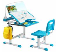 Costway Height Adjustable Study Table & Chair Set w/Book Stand & LED Light in Blue COSTWAY Blue