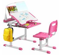 Costway Height Adjustable Study Table & Chair Set w/Book Stand & LED Light in Pink COSTWAY Pink