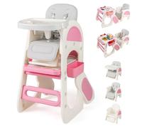 COSTWAY High Chairs for Babies and Toddlers, 8 in 1 Convertible Highchair/Toddler Table Chair Set with Adjustable Backrest, Removable Double Tray, Storage Boxes, Safety Harness (Pink)