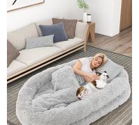 COSTWAY Human Dog Bed, Giant Human Sized Pet Beds with Pillow, Blanket, Washable Cover, Non-Slip Bottom, Orthopaedic Egg Comfortable Bean Bag for Adults & Furry Friends (Grey)