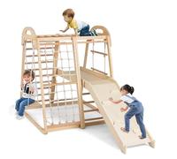 COSTWAY Indoor Climbing Frame for Toddlers, 8 in 1 Wooden Jungle Gym with Double-sided Ramp, Monkey Bar, Swing, Rope Ladder, Climbing Ladder & Net (Natural)