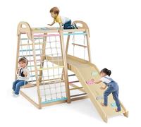 COSTWAY Indoor Climbing Frame for Toddlers, 8 in 1 Wooden Jungle Gym with Double-sided Ramp, Monkey Bar, Swing, Rope Ladder, Climbing Ladder & Net (Multicolor)