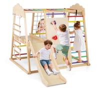 COSTWAY Indoor Climbing Frame for Toddlers, 8-in-1 Wooden Jungle Gym with Monkey Bars, Removable Slide, Swing, Rope Ladder, Climbing Rock and Net (Multicolor)