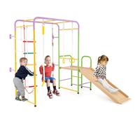 COSTWAY Indoor Jungle Gym, 8 in 1 Metal Kids Climbing Frame with Slide, Swing, Monkey Bars, Rings, Swedish Ladder, Climbing Rope Wall, Toddler Playground Equipment for Boys Girls