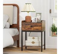 Costway Industrial Bedside Table W/ Charging Station & Storage Drawer Accent End Table, Rustic Brown