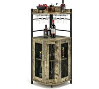 Costway Industrial Corner Bar Wine Cabinet with Metal Mesh Doors and Adjustable Shelf-Rustic Brown