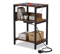 Costway Industrial Side Table w/Charging Station 3-Tier End Table Nightstand in Brown COSTWAY Brown