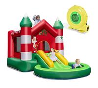 COSTWAY Inflatable Bounce House, Christmas Theme Bouncy Castle with Slide, Ball Pit Pool and Jumping Area, Blow Up Kids Activity Center for Indoor Outdoor (with blower)