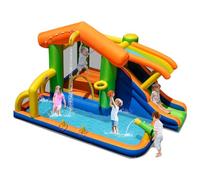 COSTWAY Inflatable Water Park, 8 in 1 Kids Bouncy Castle with Slide, Water Cannon, Football Goal, Basketball Hoop, Ring Toss, Splash Pool, Climbing Wall, Outdoor Blow Up Bounce House (without blower)