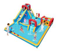 COSTWAY Inflatable Water Park, 9 in 1 Giant Kids Bouncy Castle with Double Slides, Climbing Wall, Splash Pools, Water Cannon, Outdoor Blow Up Bounce House for 3-12 Years Old (without blower)