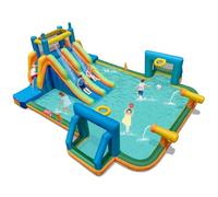 COSTWAY Inflatable Water Park, Kids Bouncy Castle Jumper House with Slide, Climbing Wall, Water Cannons, Basketball Hoop, Ring Toss, Outdoor Blow Up Bounce House for 3-10 Years Old (Soccer Themed)