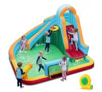 COSTWAY Inflatable Water Park, Kids Bouncy Castle with Air Blower, Slide, Splash Pool, Climbing Wall, Basketball Hoop, Blow Up Bounce House for Outdoor Play (with Football Goal)