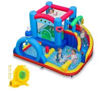 COSTWAY Inflatable Water Park, Kids Bouncy Castle with Slide, Splash Pool, Water Cannon, Punching Bag, Ocean Balls & Basketball, Outdoor Blow Up Bounce House for 3-12 Years Old (with Blower)