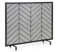 COSTWAY Iron Fire Panel, Spark Flame Barrier Screen, Wide Metal Mesh Safety Fire Place Guard for Wood and Coal Firing, Stoves, Grills (98 x 22 x 80 cm, Legs Base, Black)