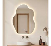 COSTWAY Irregular Bathroom Mirror with LED Lights, Anti-Fog Illuminated Wall Mounted Vanity Mirror with 3-Color Dimmable, Memory & Smart Touch, Shatterproof Tempered Glass Makeup Wall Mirror, 70x50cm