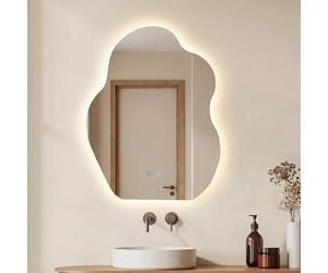 COSTWAY Irregular Bathroom Mirror with LED Lights, Anti-Fog Illuminated Wall Mounted Vanity Mirror with 3-Color Dimmable, Memory & Smart Touch, Shatterproof Tempered Glass Makeup Wall Mirror, 70x50cm