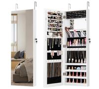 COSTWAY Jewellery Cabinet, Door Hanging/Wall Mounted Jewelry Armoire with Full Length Mirror, Inner Makeup Mirror and Large Storage, Bedroom Lockable Cosmetics Jewellery Organiser Unit (White)