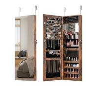 COSTWAY Jewellery Cabinet, Door Hanging/Wall Mounted Jewelry Armoire with Full Length Mirror, Inner Makeup Mirror and Large Storage, Bedroom Lockable Cosmetics Jewellery Organiser Unit (Rustic Brown)
