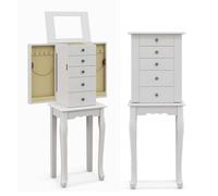 COSTWAY Jewelry Cabinet Armoire with 5 Drawers & Side Swing Doors & Flip up Mirror, Smooth Painted Surface, Freestanding Storage Chest Stand, Wood Organizer, Home Furniture (White)