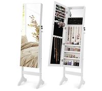 COSTWAY Jewelry Cabinet, Floor Standing Lockable Jewelry Armoire with Full Length Mirror, Adjustable Makeup Storage Organiser Unit for Bedroom Dressing Room (White Frame with Inner Mirror)