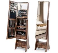 COSTWAY Jewelry Cabinet, LED Lights Floor Standing Jewelry Armoire with Full Length & Makeup Mirror, Drawer, Adjustable Vanity Jewellery Organiser Storage for Bedroom Dressing Room (Industrial Brown)