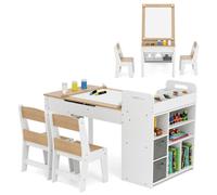 Costway Kids Active Play Art Table & Chairs Set W/ Paper Roll-Natural
