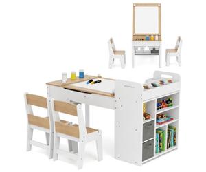 Costway Kids Active Play Art Table & Chairs Set W/ Paper Roll-Natural