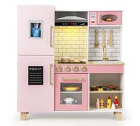 COSTWAY Kids Age 3+ Play Kitchen, Wooden Pretend Toy Kitchen with Realistic Lights & Sounds, Range Hood, Chalkboard, Sink, Faucet, Children's Chef Role Play Set for Boys Girls